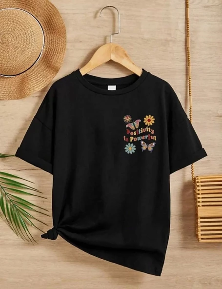 Kız Çocuk Bisiklet Yaka Baskılı T-Shirt - Siyah - 1