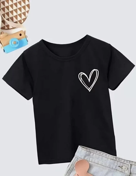 Kız Çocuk Bisiklet Yaka Baskılı T-Shirt - Siyah ürün görseli 1