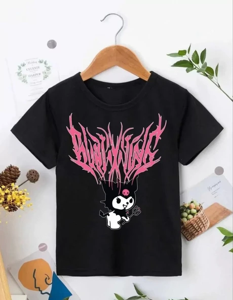 Kız Çocuk Bisiklet Yaka Baskılı T-Shirt - Siyah ürün görseli 1