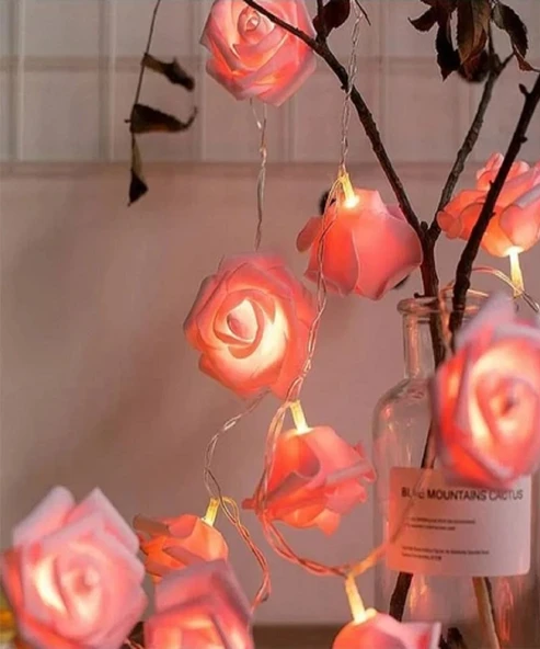 Brokoli Home 2,5 Metre Gül Tasarım Dekoratif Işık Zinciri 20 Adet gül Romantik Gül Led Işık Pembe - 3