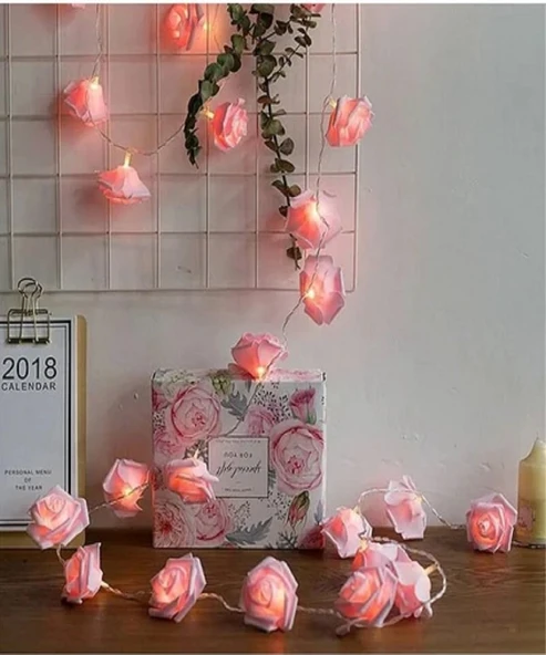 Brokoli Home 2,5 Metre Gül Tasarım Dekoratif Işık Zinciri 20 Adet gül Romantik Gül Led Işık Pembe