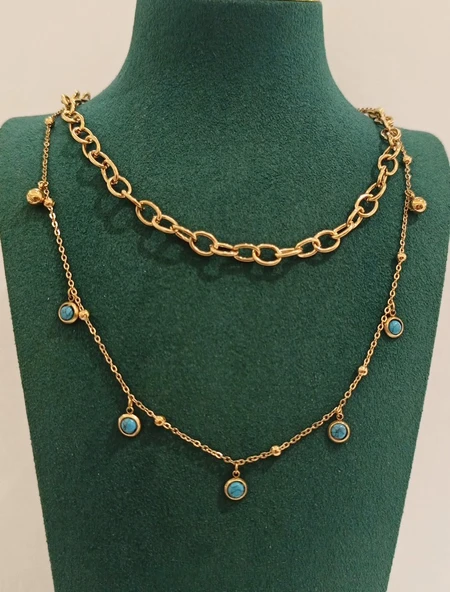 Monalisa Home Lüks Gold Renk Çift Zincir Figürlü Gösterişli  Kolye ürün görseli 1