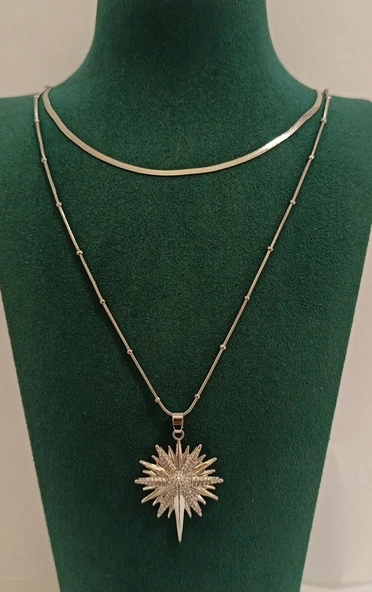 Monalisa Home Gümüş Renk Lüks Çift Zincir Figürlü Gösterişli Kolye ürün görseli 1