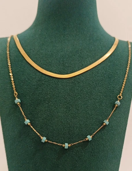 Monalisa Home Gold Renk Lüks Mavi Boncuk Figürlü Gösterişli Kolye ürün görseli