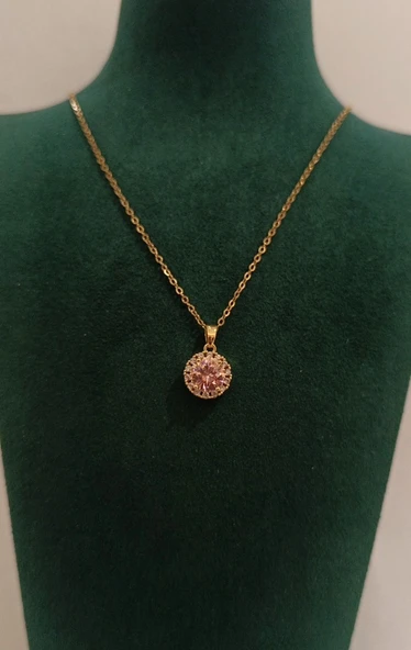 Monalisa Home Gold Renk Pembe Taş Figürlü Gösterişli Kolye ürün görseli 1