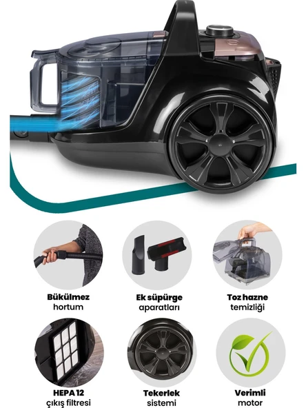 Goldmaster GM-7580 Eva Toz Torbasız Elektrikli Süpürge - Siyah - Resim 2