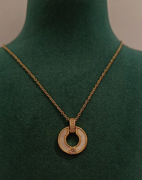 Monalisa Home Lüks Gold Renk Yuvarlak Beyaz Taş Figürlü Gösterişli  Kolye ürün görseli 1