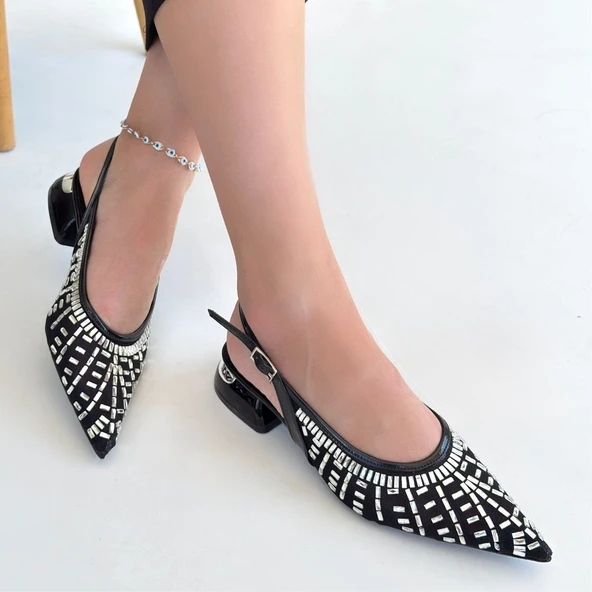 Pabucmarketi Siyah Taşlı Kadın Topuklu Ayakkabı - 4