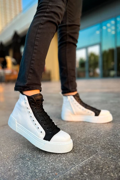 Pabucmarketi Fermuarlı Bağcık Detaylı Erkek Sneaker Bot Beyaz Siyah ürün görseli