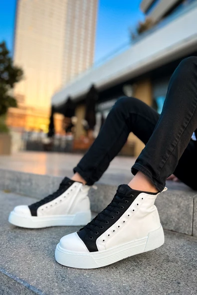 Pabucmarketi Fermuarlı Bağcık Detaylı Erkek Sneaker Bot Beyaz Siyah - Resim 3