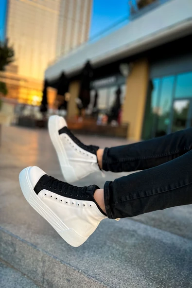 Pabucmarketi Fermuarlı Bağcık Detaylı Erkek Sneaker Bot Beyaz Siyah - Resim 4