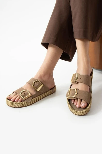 Pabucmarketi Vizon Nubuk Çift Tokalı Kadın Düz Terlik - Resim 2