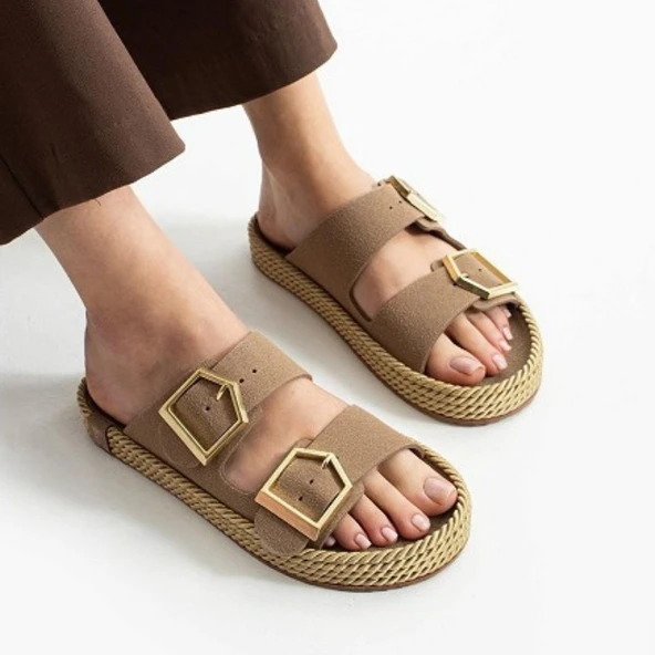 Pabucmarketi Vizon Nubuk Çift Tokalı Kadın Düz Terlik - Resim 4