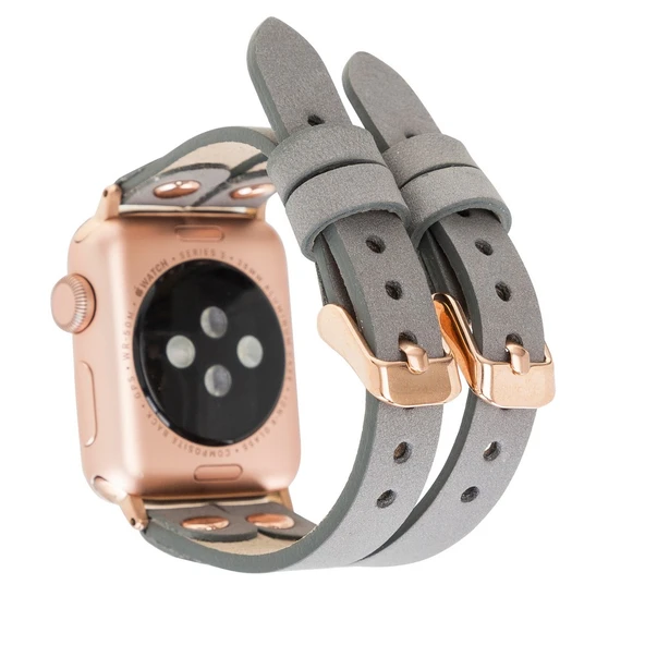 Apple Watch Uyumlu Deri Kordon Ely Double Tour RST9 Gri - Resim 2