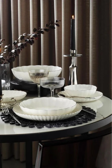 Kütahya Porselen Bone Luz Form Yemek Takımı Platin 27 Parça 6 Kişilik