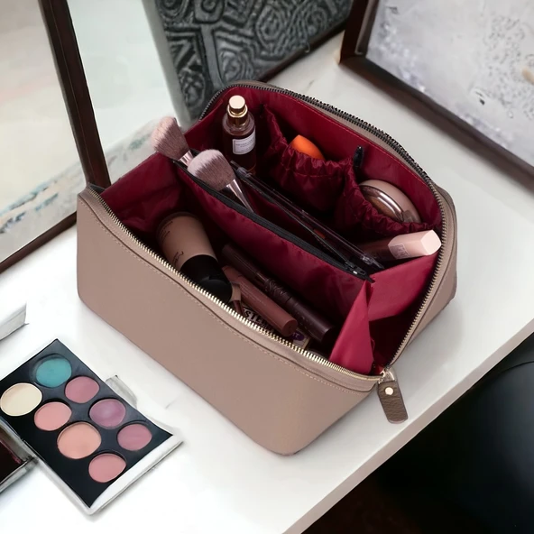 Ella Kadın Seyahat Kozmetik Bakım Makyaj Çantası Organizer Vizon - Resim 3