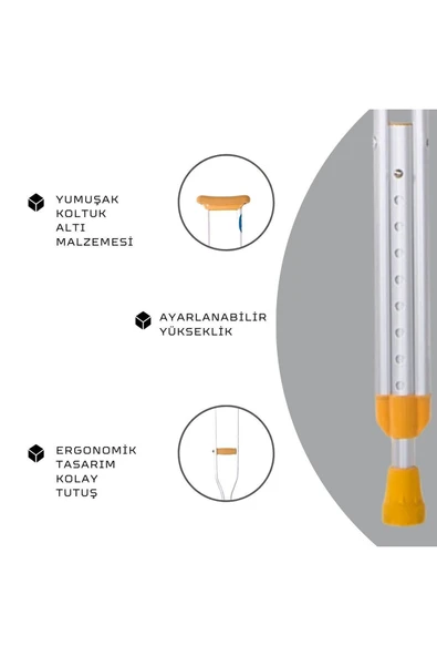 APS APS Koltuk Altı Değneği Yürümeye Yardımcı Çift Koltuk Değneği İthal Alüminyum Hafif Yüksek Kalite - Resim 2