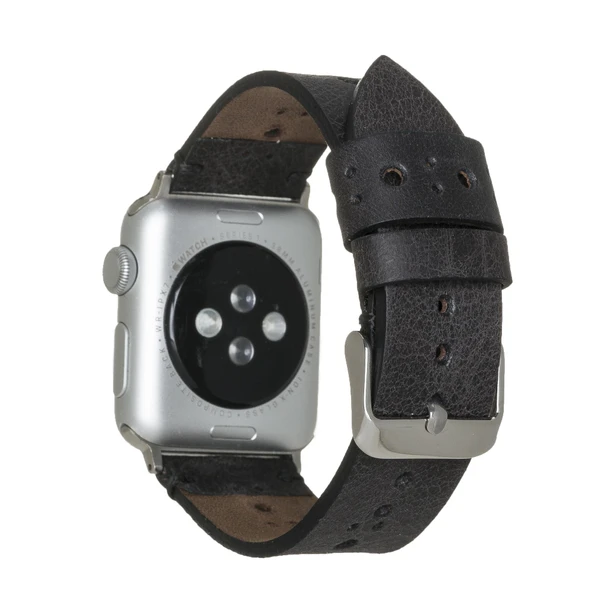 Apple Watch Uyumlu Deri Kordon 42-44-45mm Delikli Siyah - 2