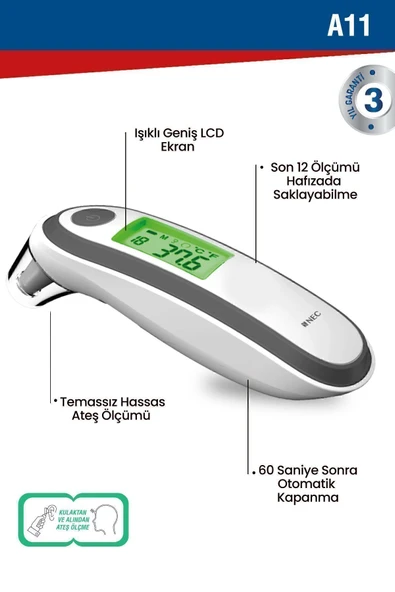 NEC NEC A11 Geniş Ekranlı Kulaktan Ve Alından Dijital Temassız Ateş Ölçer - Resim 7