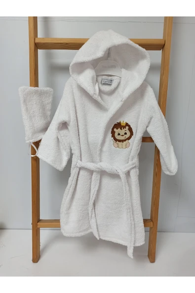 Ege Home Aslan nakışlı bebek bornoz - kese seti beyaz - 1