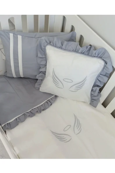 Ege Home Deluxe bebek nevresim takımı melek kanadı nakışlı 4 parça gri - 1