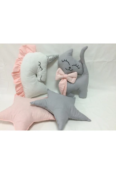 Pembe Gri Beyaz 4'lü Dekoratif Yastık Seti Unicorn Kedi Yıldız