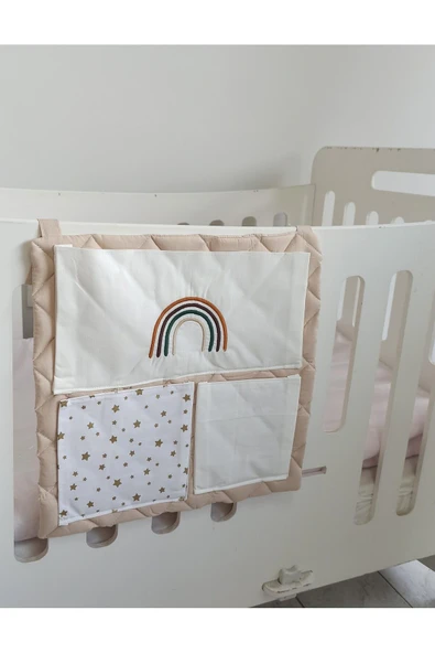 cepli bebek beşik organizer düzenleyici bej gökkuşağı nakışlı