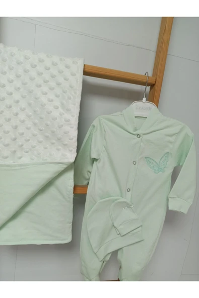 Ege Home yenidoğan 4 parça hastane çıkışı seti 0-3 ay mint yeşili kelebek nakışlı nohut battaniyeli - 2