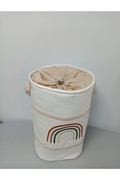 Ege Home Gökkuşağı Nakışli Bebek Çocuk Odası Oyuncak Kirli Çamaşır Sepeti Krem Tarçın Bohem - Resim 2