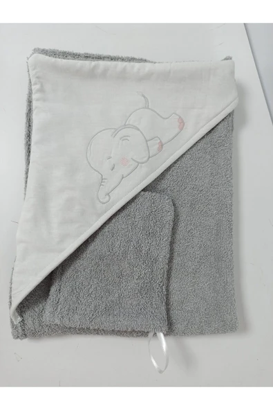 Ege Home fil nakışlı gri bebek banyo havlu- kese seti - 3