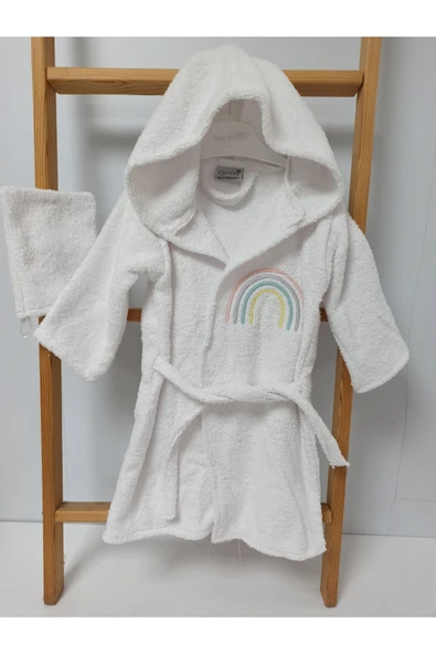 Ege Home gökkuşağı nakışlı bebek bornoz- kese seti beyaz