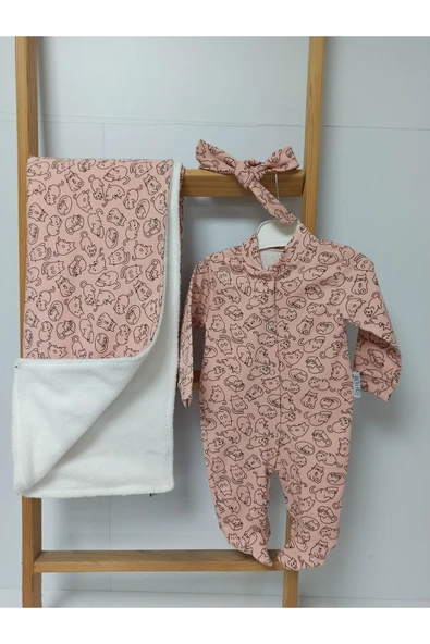 Ege Home 2 li yenidoğan 0-3 ay tulum welsoft battaniye seti pudra kedi desen