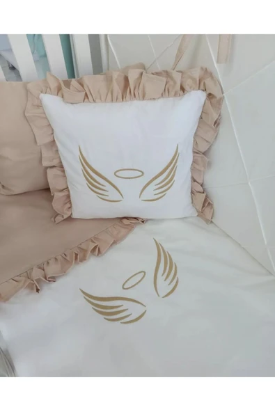 Ege Home Deluxe 4 parça melek kanadı nakışlı fırfırlı bebek nevresim takımı bej - 2