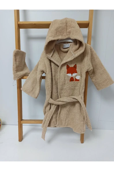 Ege Home tilki nakışlı bebek bornoz - kese seti bej - 1