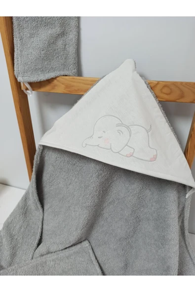 Ege Home fil nakışlı gri bebek banyo havlu- kese seti - 2
