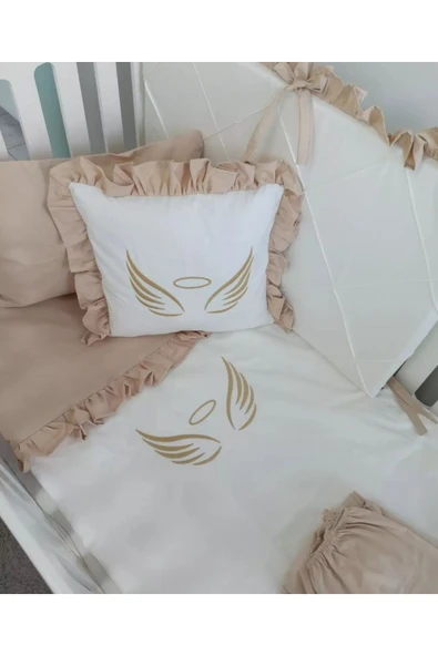 Ege Home Deluxe 4 parça melek kanadı nakışlı fırfırlı bebek nevresim takımı bej