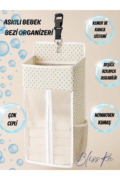 Blissra Askılı Bebek Bezi Düzenleyici Organizer (Beşiğe Asılabilir) –Mavi Puantiyeli- Özel Tasarım - 3