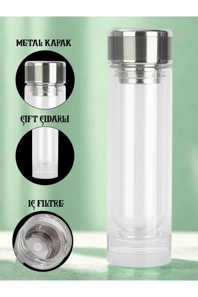 Blissra Çift Katmanlı Cam Termos 300 ml – Filtreli Şeffaf Bitki Çayı ve Meyve Demleme Şişesi - 1