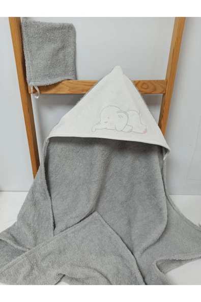 Ege Home fil nakışlı gri bebek banyo havlu- kese seti