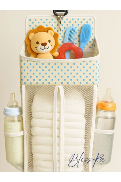Blissra Askılı Bebek Bezi Düzenleyici Organizer (Beşiğe Asılabilir) –Mavi Puantiyeli- Özel Tasarım - 4