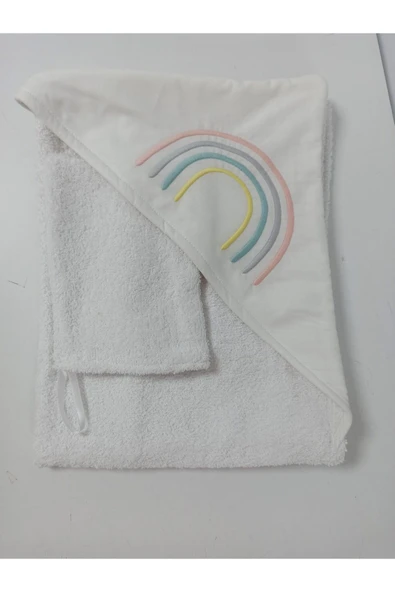 Ege Home gökkuşağı nakışlı bebek havlu kese seti beyaz - 3