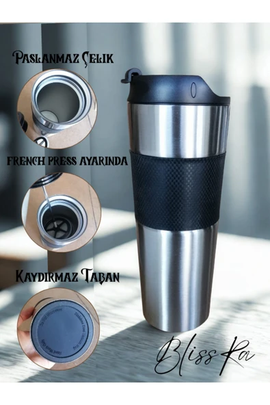 Blissra French Press Mug Termos – Paslanmaz Çelik Kahve Kupası, Sızdırmaz Kapaklı Taşınabilir Demleme Bardak