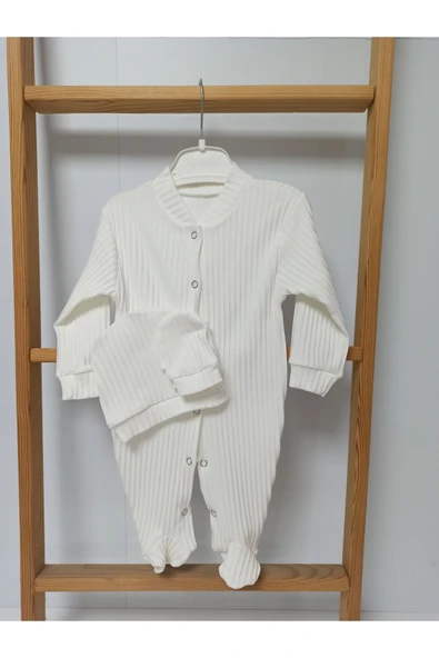 Ege Home Bebek tulum seti yenidoğan tulum şapka eldiven 0-3 ay %100 pamuklu fitilli kumaş ekru ürün görseli