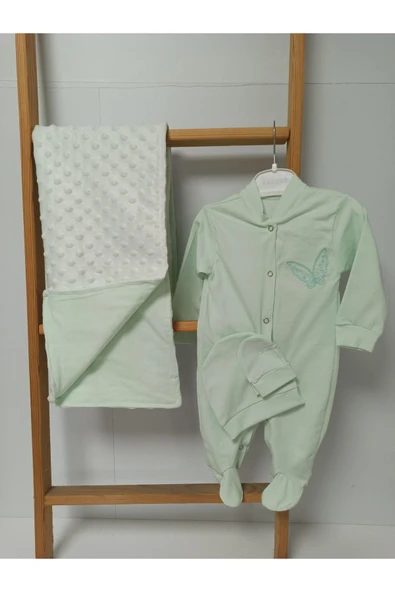 Ege Home yenidoğan 4 parça hastane çıkışı seti 0-3 ay mint yeşili kelebek nakışlı nohut battaniyeli