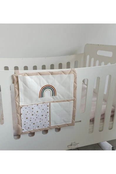 cepli bebek beşik organizer düzenleyici bej gökkuşağı nakışlı - 2