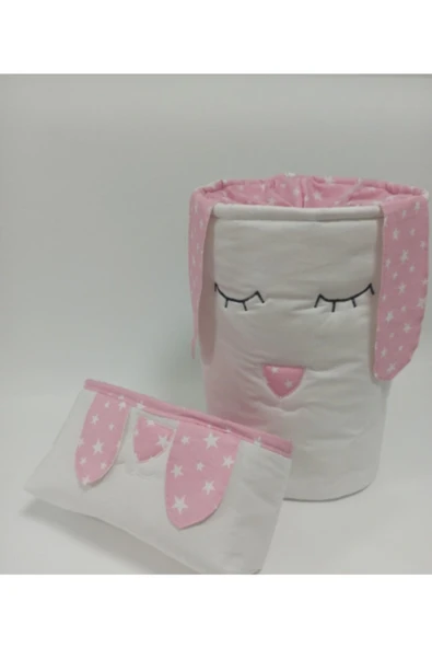 Oyuncak Kirli Sepeti- Düzenleyici Sepet Ikili Set Beyaz Pembe Yıldız Desen