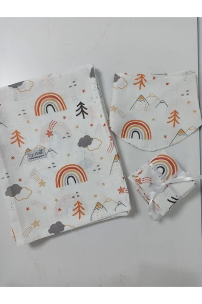 Ege Home muslin örtü &battaniye, önlük ve 6 lı mendil seti tarçın gökkuşağı desen ürün görseli