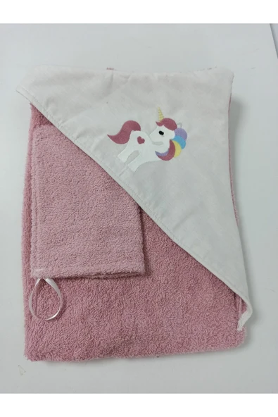 unicorn nakışlı bebek banyo havlu kese seti pembe - Resim 3