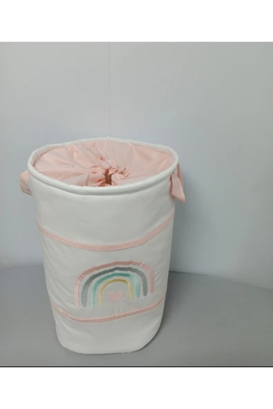 Ege Home Gökkuşağı Nakışlı Bebek Çocuk Oyuncak Kirli Çamaşır Sepeti Pudra - Resim 2