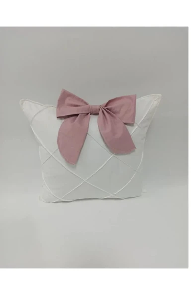 35 × 35 Beyaz Nervürlü Koyu Pudra Fiyonklu Bebek Ve Çocuk Odası Dekoratif Yastık ürün görseli